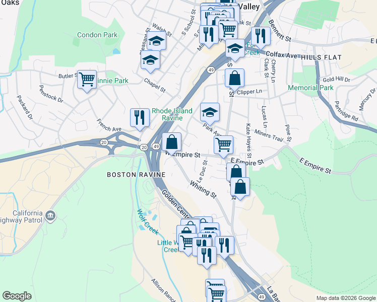 map of restaurants, bars, coffee shops, grocery stores, and more near 423 Marshall Street in Grass Valley