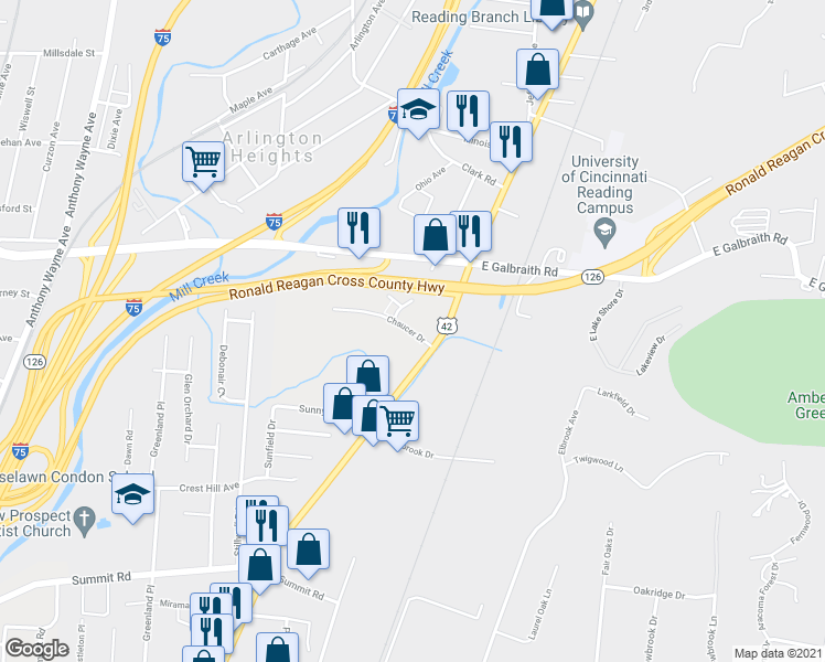 map of restaurants, bars, coffee shops, grocery stores, and more near 8100 Burkhart Street in Cincinnati