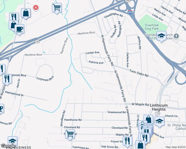 map of restaurants, bars, coffee shops, grocery stores, and more near 372 Centerhill Avenue in Linthicum Heights