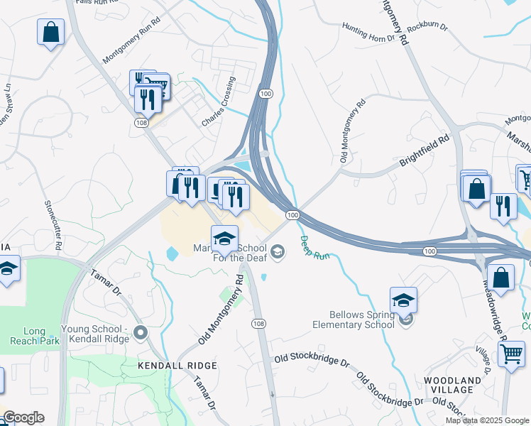 map of restaurants, bars, coffee shops, grocery stores, and more near 6031 University Boulevard in Ellicott City