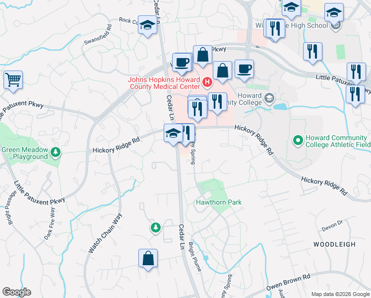 map of restaurants, bars, coffee shops, grocery stores, and more near 10801 Hickory Ridge Road in Columbia
