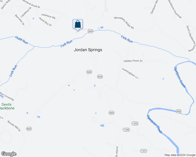 map of restaurants, bars, coffee shops, grocery stores, and more near 1384 Jordan Springs Road in Stephenson
