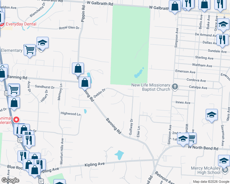 map of restaurants, bars, coffee shops, grocery stores, and more near 2284 Deblin Drive in Cincinnati