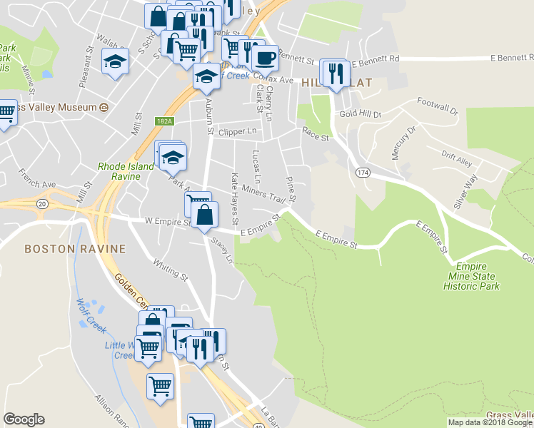 map of restaurants, bars, coffee shops, grocery stores, and more near 313 Empire Court in Grass Valley