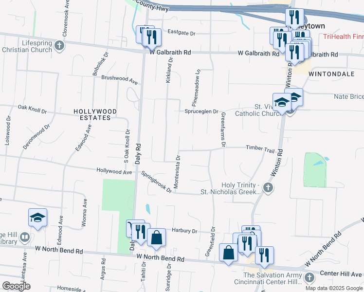map of restaurants, bars, coffee shops, grocery stores, and more near 6600 Montevista Drive in Cincinnati
