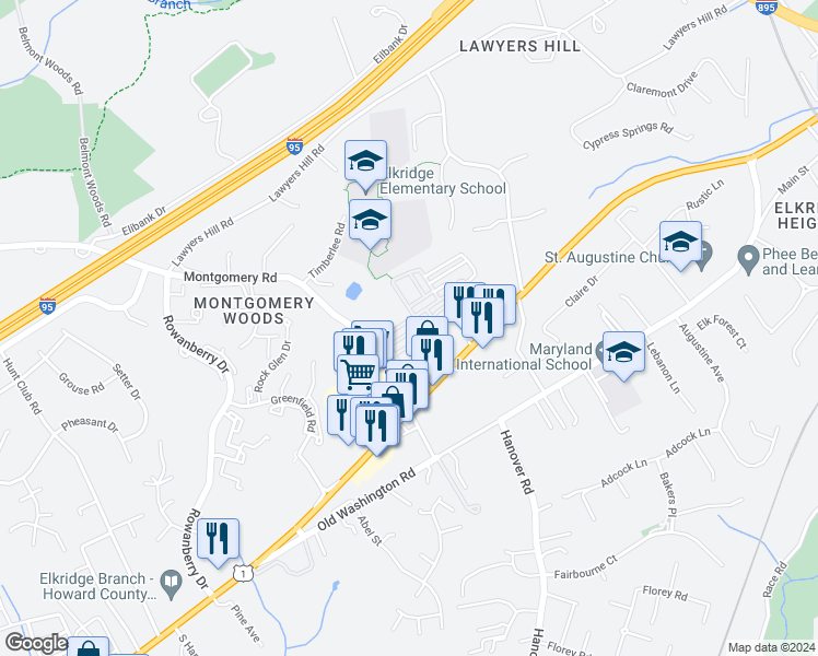 map of restaurants, bars, coffee shops, grocery stores, and more near 7211 Darby Downs in Elkridge