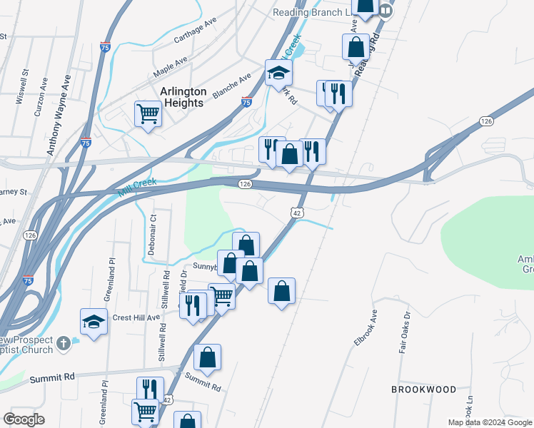 map of restaurants, bars, coffee shops, grocery stores, and more near 8100 Burkhart Street in Cincinnati