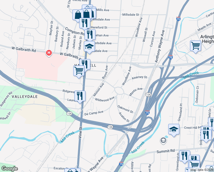 map of restaurants, bars, coffee shops, grocery stores, and more near 101 Parkway Avenue in Cincinnati
