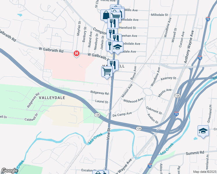 map of restaurants, bars, coffee shops, grocery stores, and more near 13 Shadybrook Drive in Cincinnati