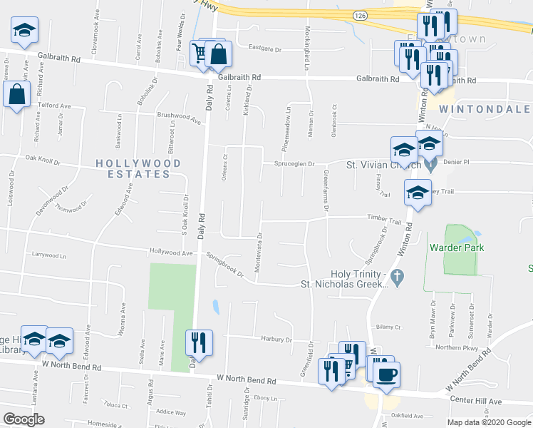 map of restaurants, bars, coffee shops, grocery stores, and more near 6600 Montevista Drive in Cincinnati