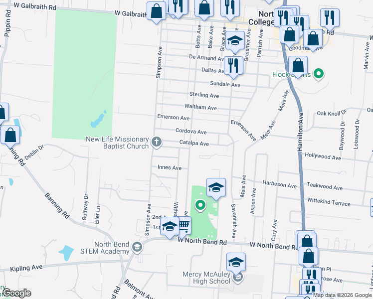 map of restaurants, bars, coffee shops, grocery stores, and more near 1903 Catalpa Avenue in Cincinnati