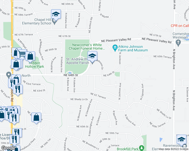 map of restaurants, bars, coffee shops, grocery stores, and more near 8706 North Cleveland Avenue in Kansas City