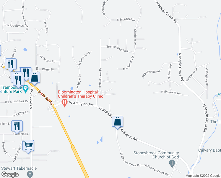 map of restaurants, bars, coffee shops, grocery stores, and more near 2908 West Winterberry Court in Bloomington