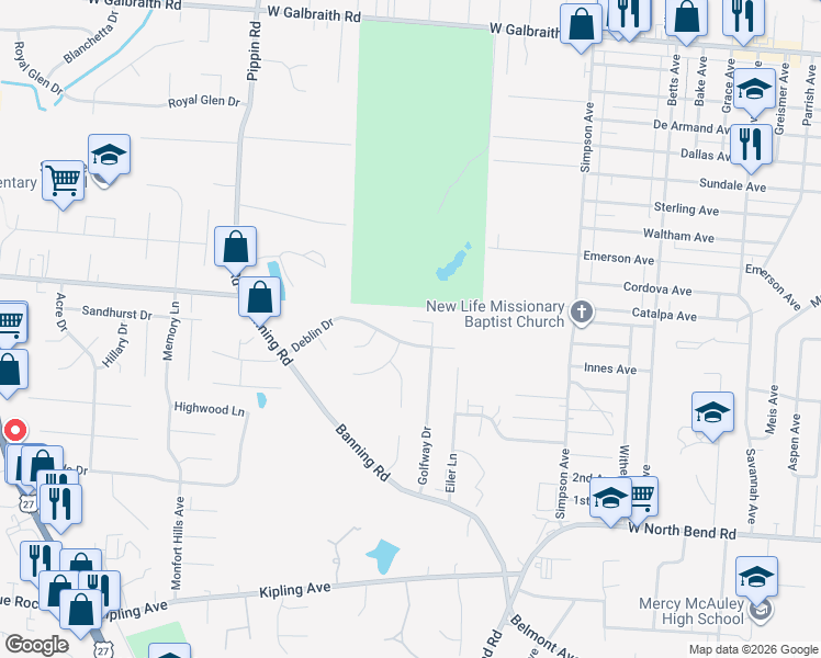 map of restaurants, bars, coffee shops, grocery stores, and more near 7078 Golfway Drive in Cincinnati