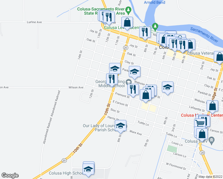 map of restaurants, bars, coffee shops, grocery stores, and more near 854 10th St in Colusa