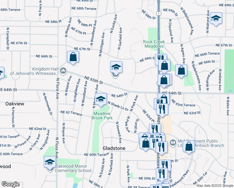 map of restaurants, bars, coffee shops, grocery stores, and more near 2107 Northeast 65th Street in Kansas City