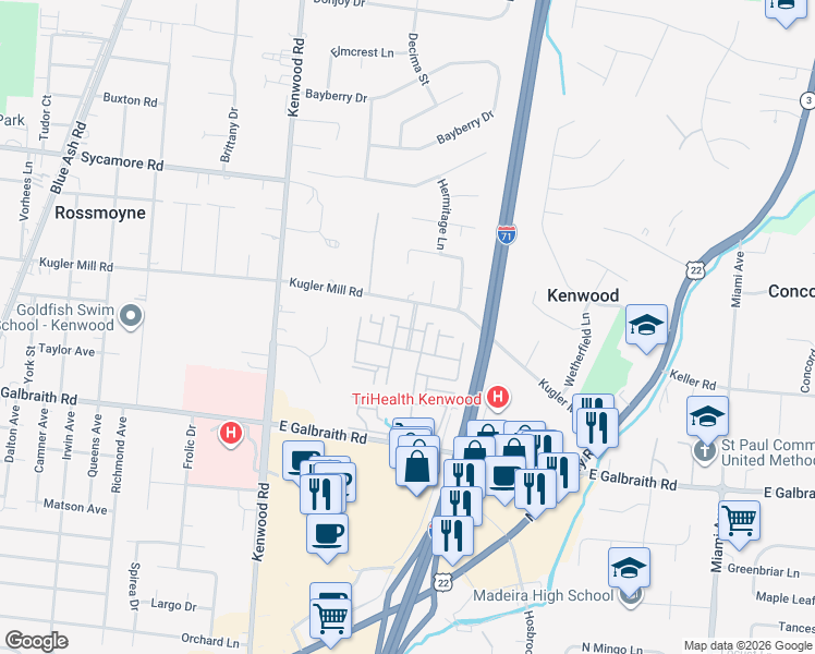 map of restaurants, bars, coffee shops, grocery stores, and more near 5815 Kugler Mill Road in Cincinnati