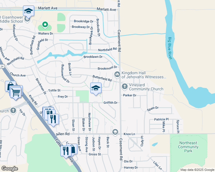 map of restaurants, bars, coffee shops, grocery stores, and more near 2410 Charolais Lane in Manhattan