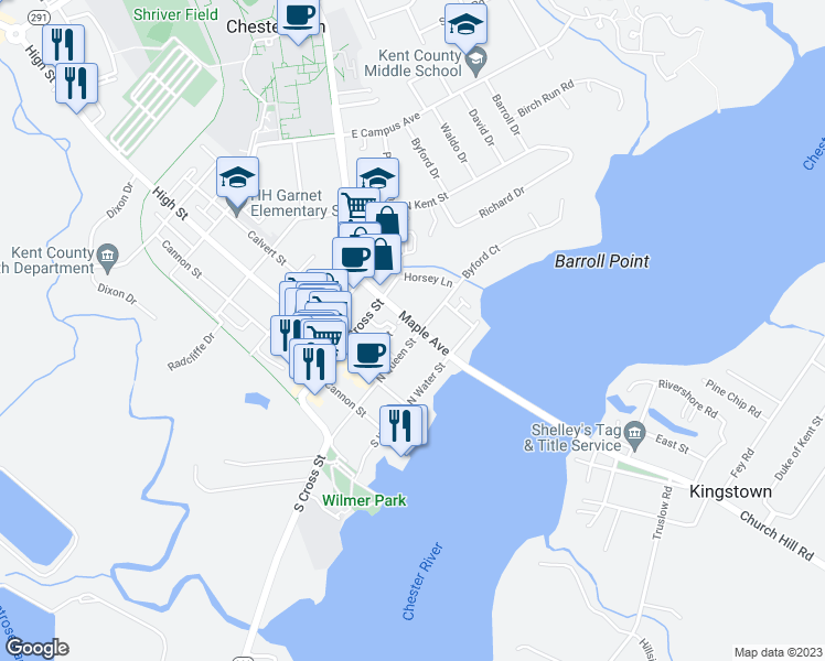 map of restaurants, bars, coffee shops, grocery stores, and more near 128 North Queen Street in Chestertown