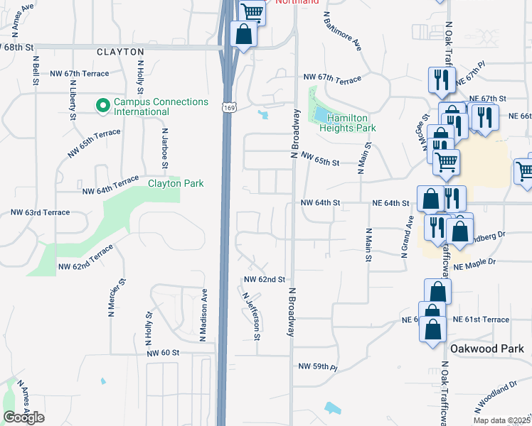 map of restaurants, bars, coffee shops, grocery stores, and more near 418 Northwest 63rd Street in Kansas City