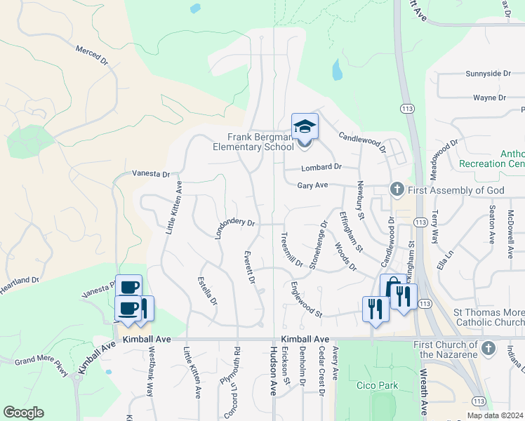 map of restaurants, bars, coffee shops, grocery stores, and more near 3605 Ian Circle in Manhattan