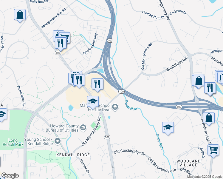 map of restaurants, bars, coffee shops, grocery stores, and more near 6031 University Boulevard in Ellicott City