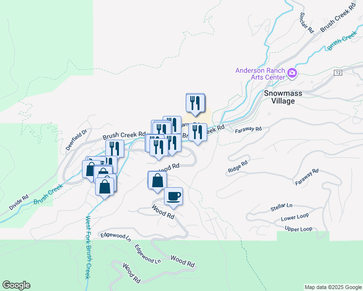 map of restaurants, bars, coffee shops, grocery stores, and more near 64 Wood Road in Snowmass Village