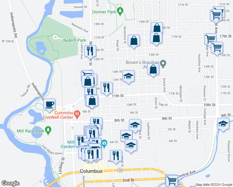 map of restaurants, bars, coffee shops, grocery stores, and more near 1117 Lafayette Avenue in Columbus