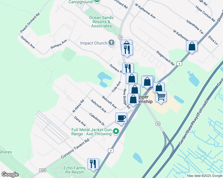 map of restaurants, bars, coffee shops, grocery stores, and more near 10 Cole Avenue in Upper Township