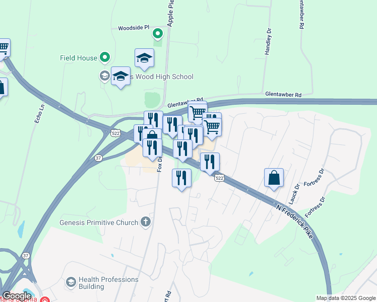 map of restaurants, bars, coffee shops, grocery stores, and more near 200 Rivendell Court in Winchester