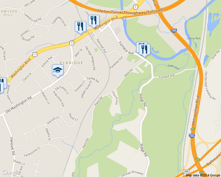 map of restaurants, bars, coffee shops, grocery stores, and more near 5844 Race Road in Elkridge
