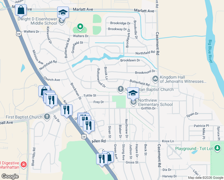 map of restaurants, bars, coffee shops, grocery stores, and more near 2424 Buttonwood Drive in Manhattan
