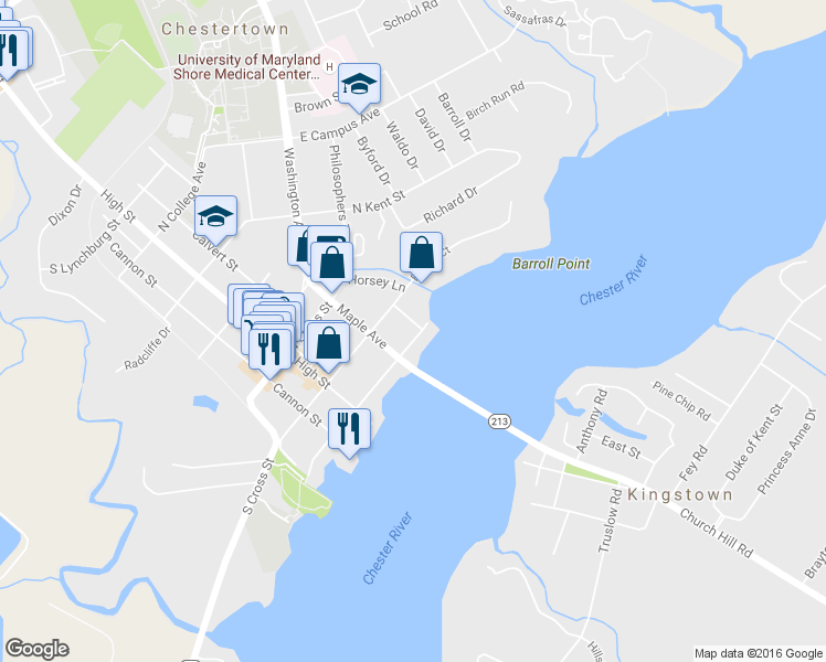 map of restaurants, bars, coffee shops, grocery stores, and more near 206 North Water Street in Chestertown