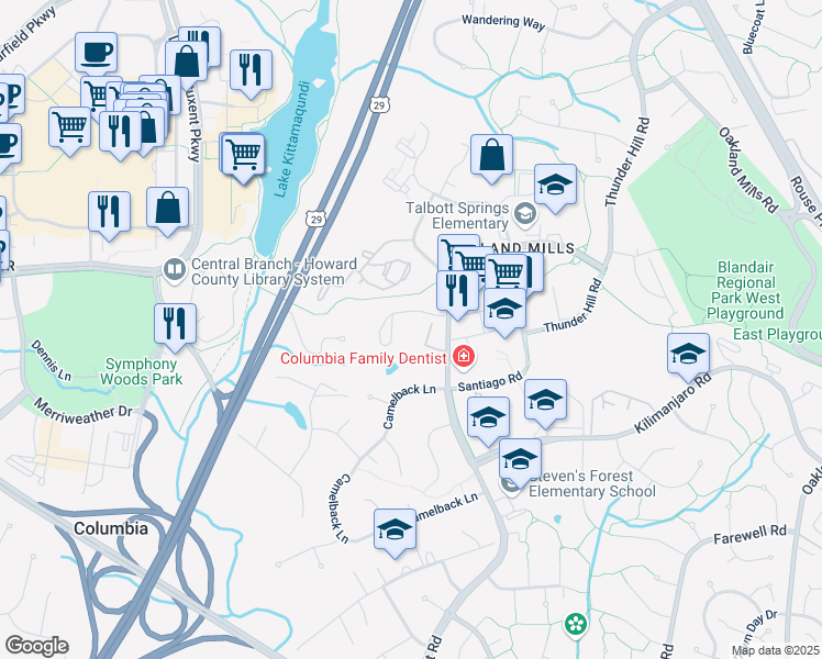 map of restaurants, bars, coffee shops, grocery stores, and more near 5904 Stevens Forest Road in Columbia