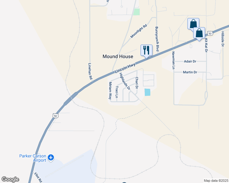 map of restaurants, bars, coffee shops, grocery stores, and more near 412 Traci Lane in Mound House