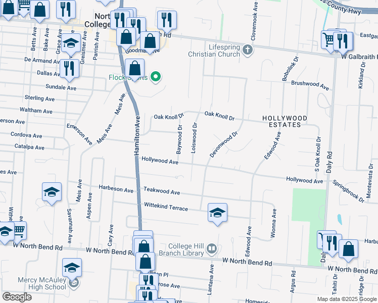 map of restaurants, bars, coffee shops, grocery stores, and more near 6532 Loiswood Drive in Cincinnati