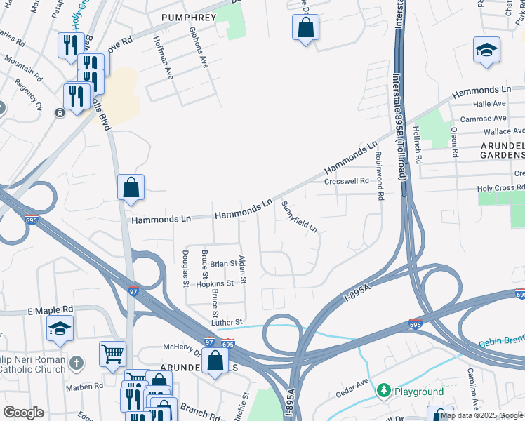 map of restaurants, bars, coffee shops, grocery stores, and more near 834 Sunnyfield Lane in Anne Arundel County