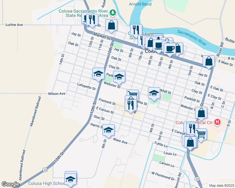 map of restaurants, bars, coffee shops, grocery stores, and more near 813 Webster Street in Colusa
