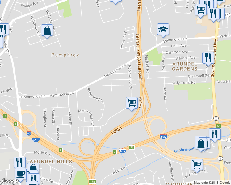 map of restaurants, bars, coffee shops, grocery stores, and more near 5903 Carefree Drive in Anne Arundel County
