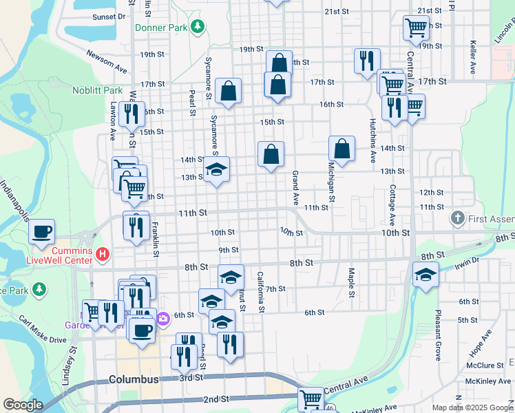 map of restaurants, bars, coffee shops, grocery stores, and more near 1118 California St in Columbus