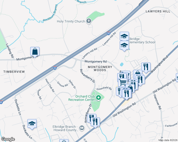 map of restaurants, bars, coffee shops, grocery stores, and more near 5871 Rowanberry Drive in Elkridge