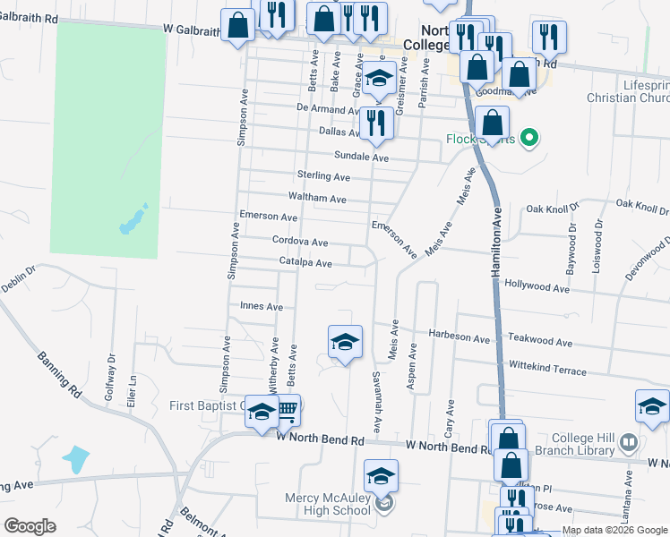 map of restaurants, bars, coffee shops, grocery stores, and more near 1829 Catalpa Avenue in Cincinnati