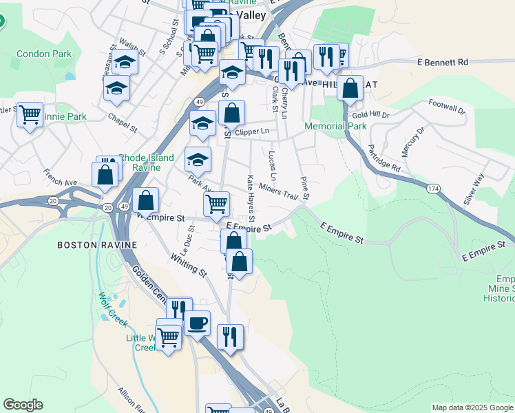 map of restaurants, bars, coffee shops, grocery stores, and more near 334 Empire Court in Grass Valley