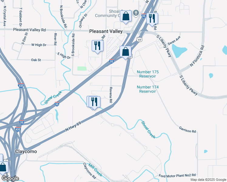 map of restaurants, bars, coffee shops, grocery stores, and more near 6310 Ravena Road in Pleasant Valley