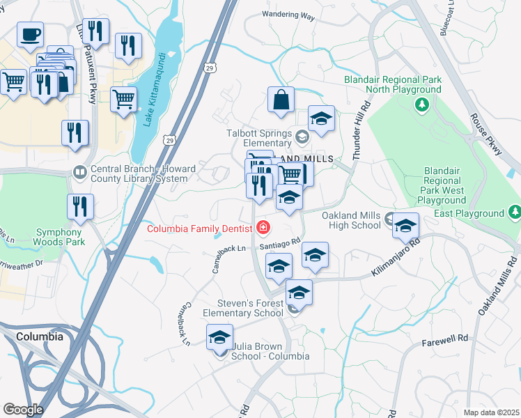 map of restaurants, bars, coffee shops, grocery stores, and more near 5810 Robert Oliver Place in Columbia
