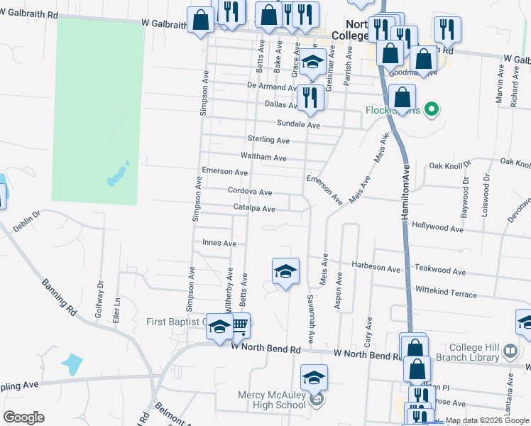 map of restaurants, bars, coffee shops, grocery stores, and more near 1829 Catalpa Avenue in Cincinnati