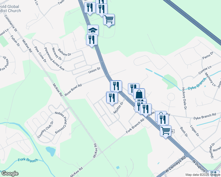 map of restaurants, bars, coffee shops, grocery stores, and more near 4439 North Dupont Highway in Dover