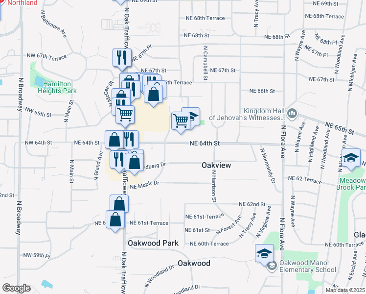 map of restaurants, bars, coffee shops, grocery stores, and more near 705 Northeast Shady Lane Drive in Kansas City