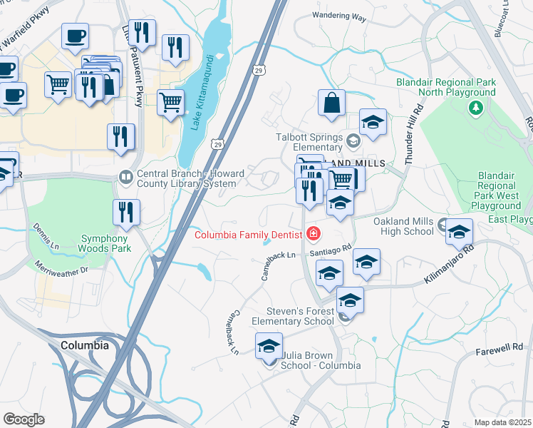 map of restaurants, bars, coffee shops, grocery stores, and more near 5866 Stevens Forest Road in Columbia
