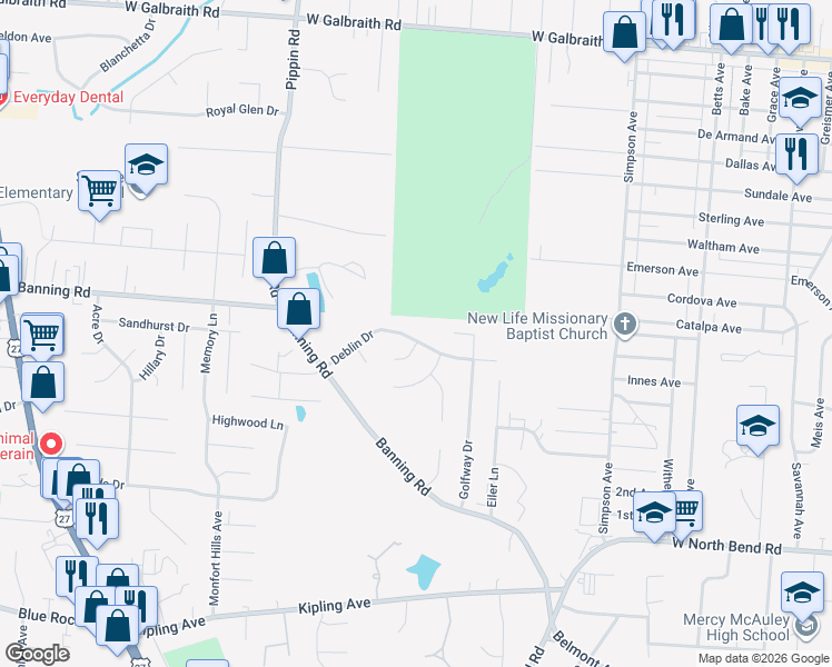 map of restaurants, bars, coffee shops, grocery stores, and more near 2284 Deblin Drive in Cincinnati